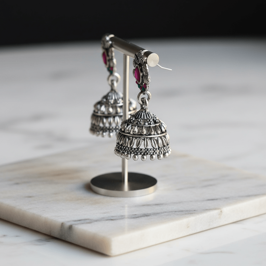 Pink and Green Stone Studded Oxidized Silver Jhumka Earrings