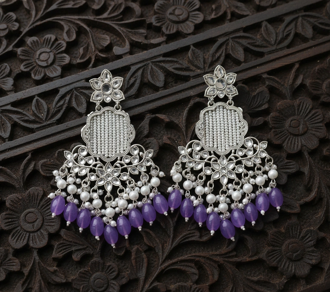 Silver Floral Chandbali Earrings with Purple Beads