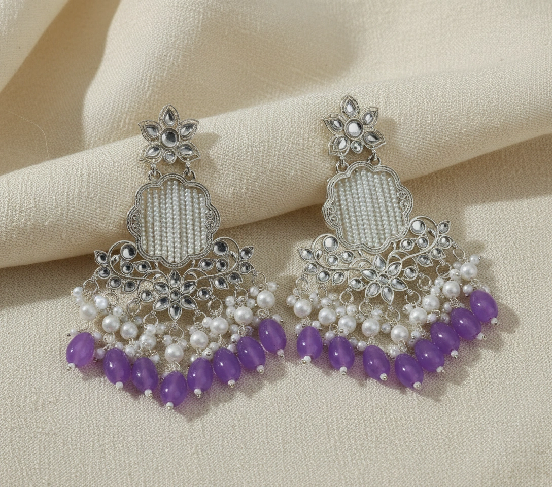 Silver Floral Chandbali Earrings with Purple Beads