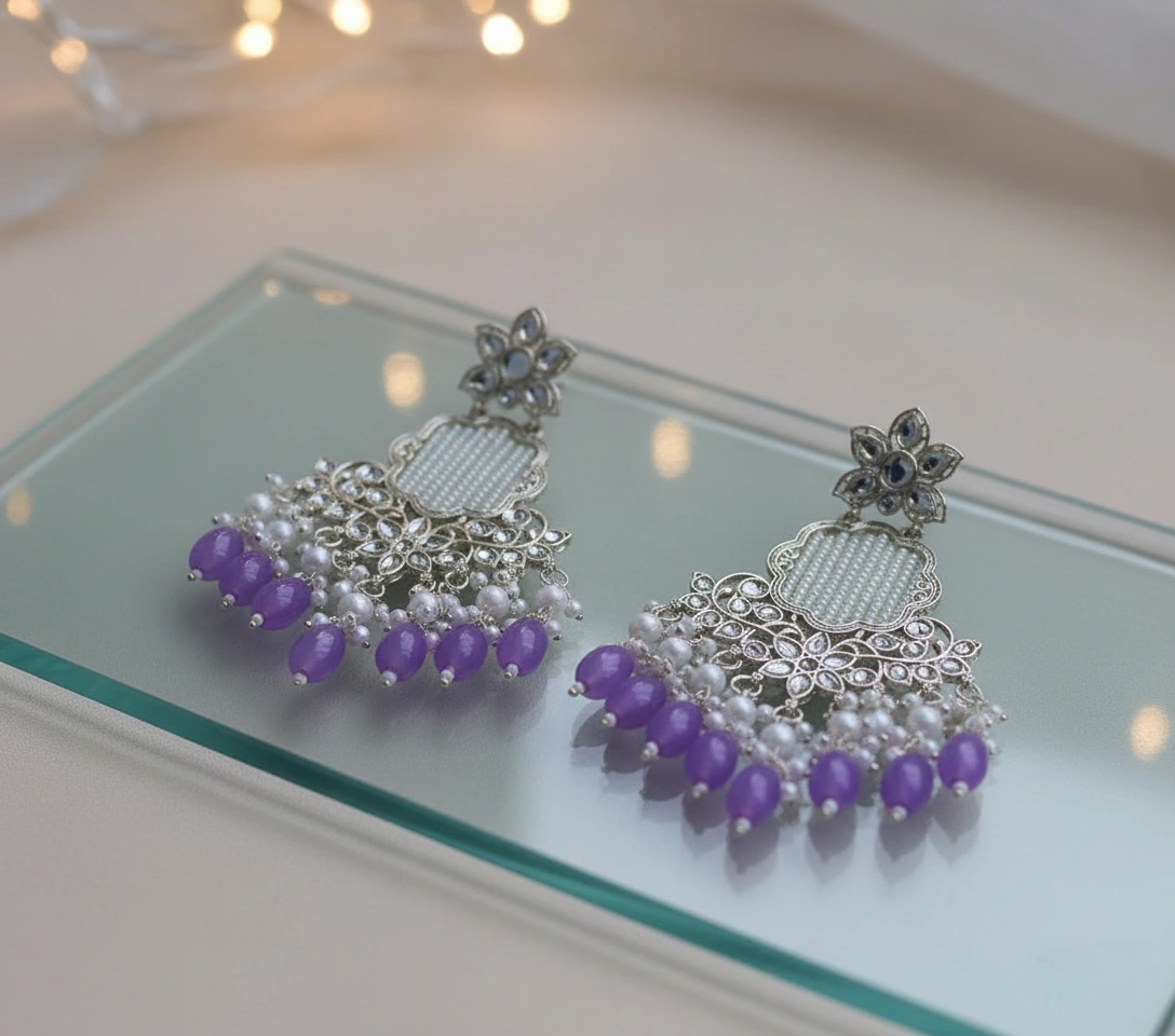 Silver Floral Chandbali Earrings with Purple Beads