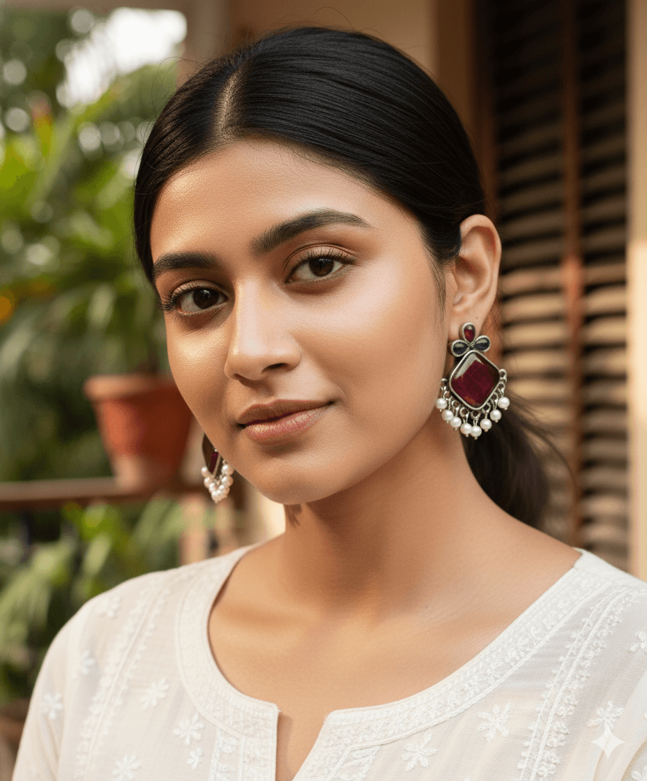 Ruby Pearl Oxidised Mini Jhumka Earrings