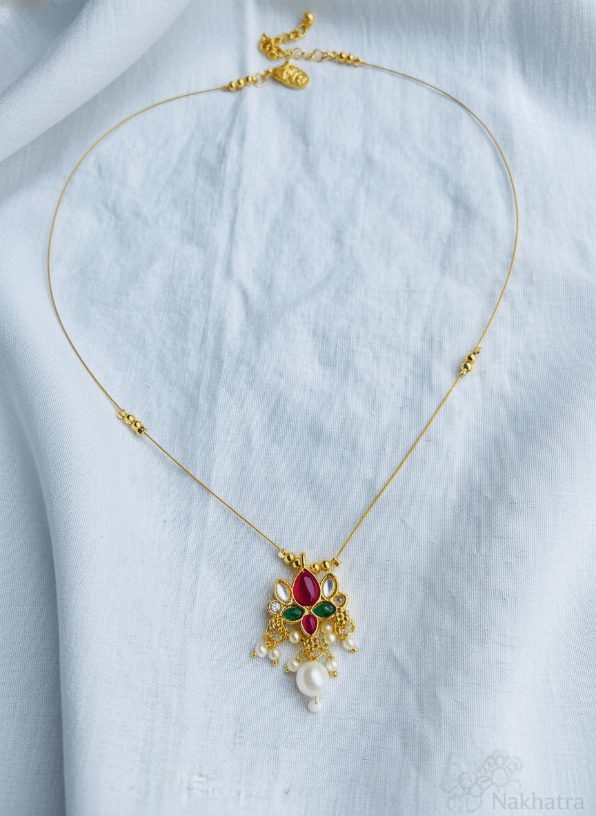 Navratna Inspired Ruby and Emerald Pearl Pendant Necklace - Lifestyle