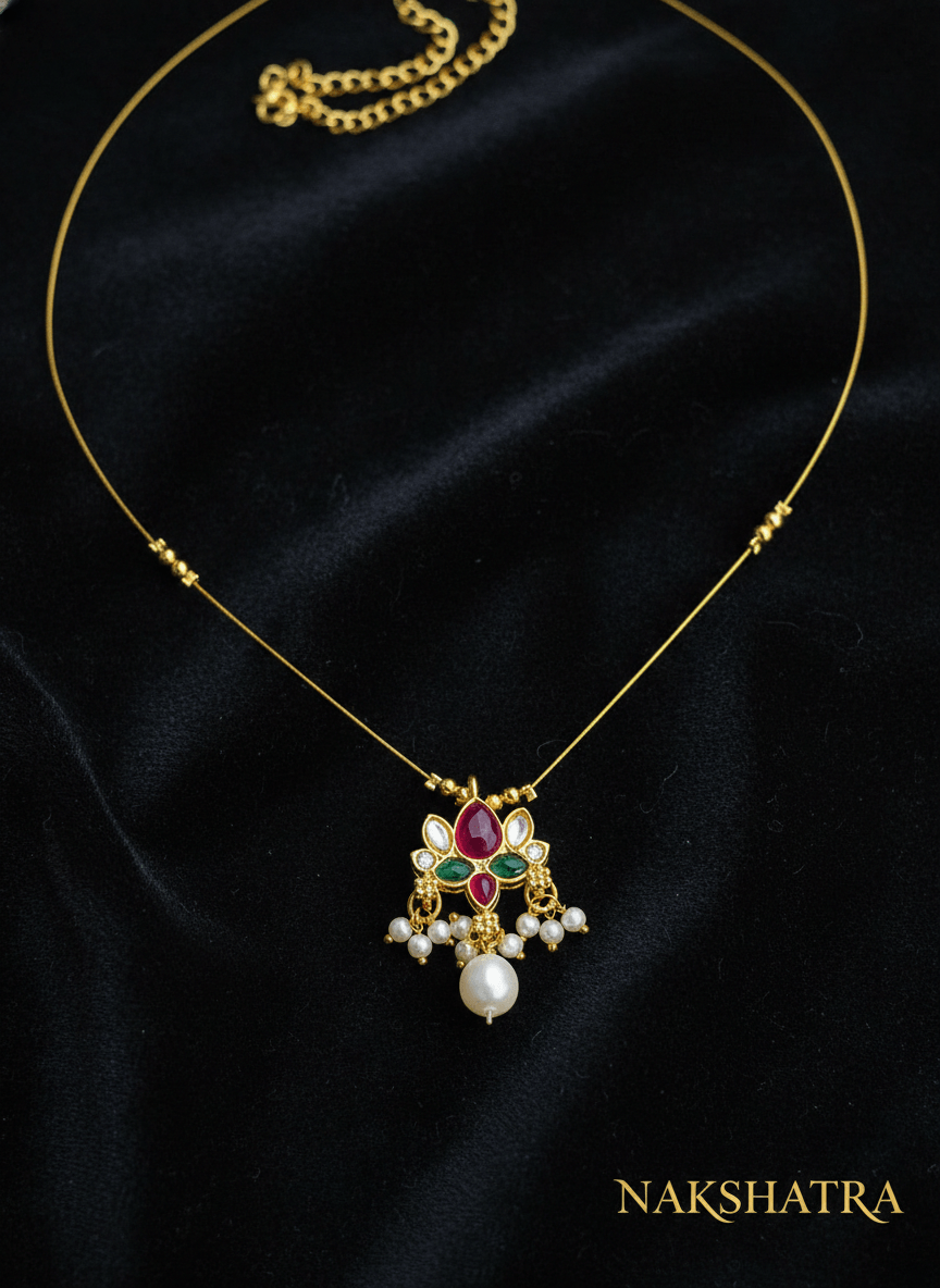 Navratna Inspired Ruby and Emerald Pearl Pendant Necklace
