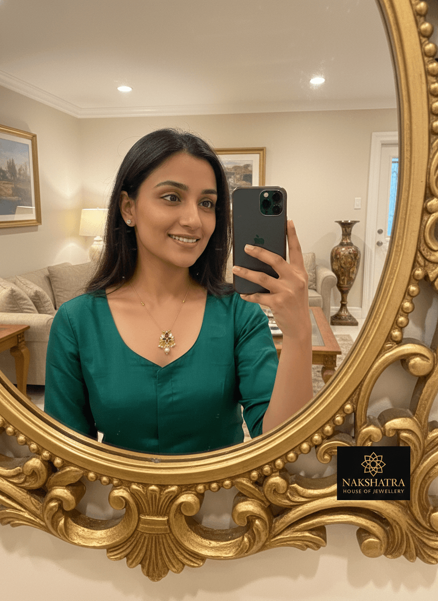 Navratna Inspired Ruby and Emerald Pearl Pendant Necklace