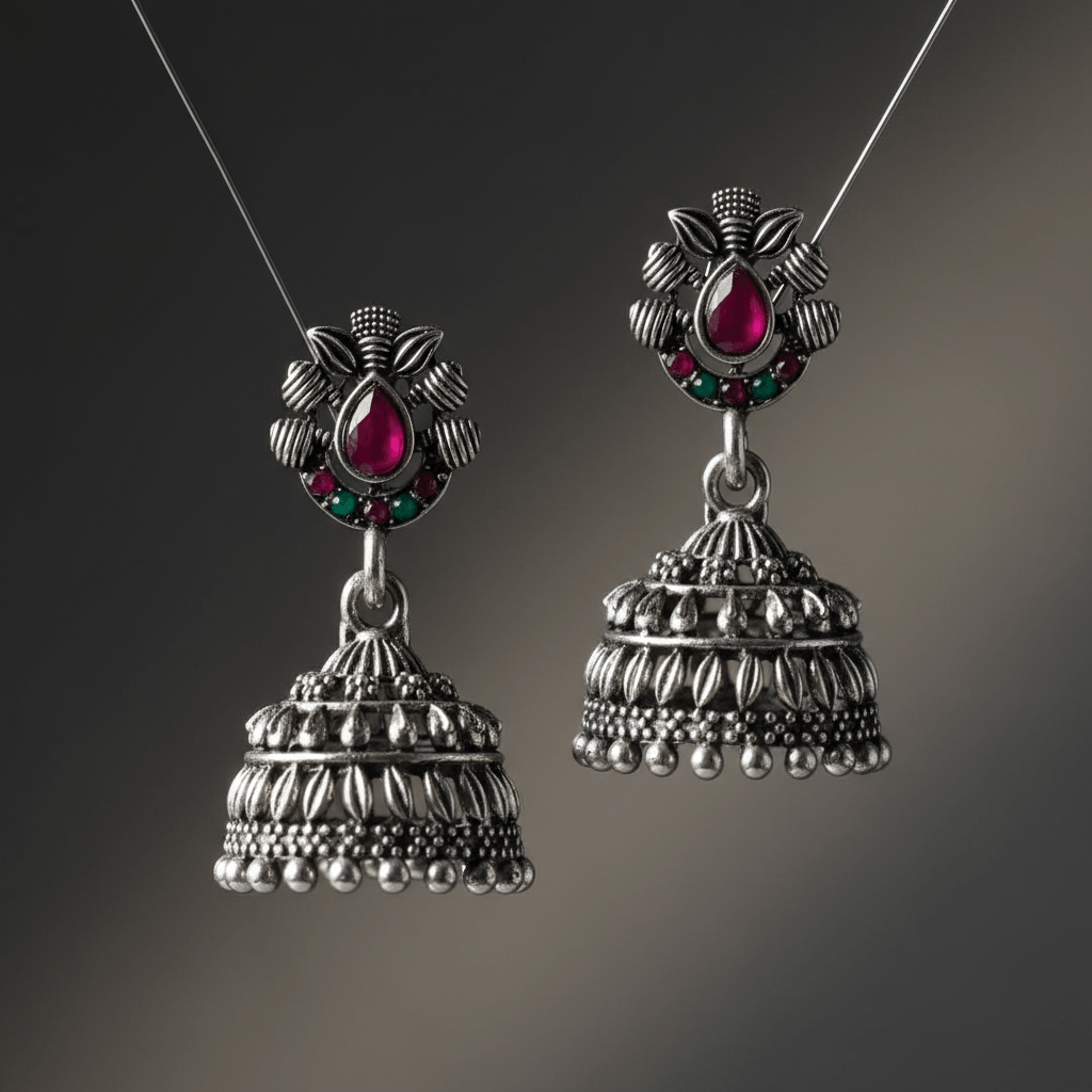 Pink and Green Stone Studded Oxidized Silver Jhumka Earrings