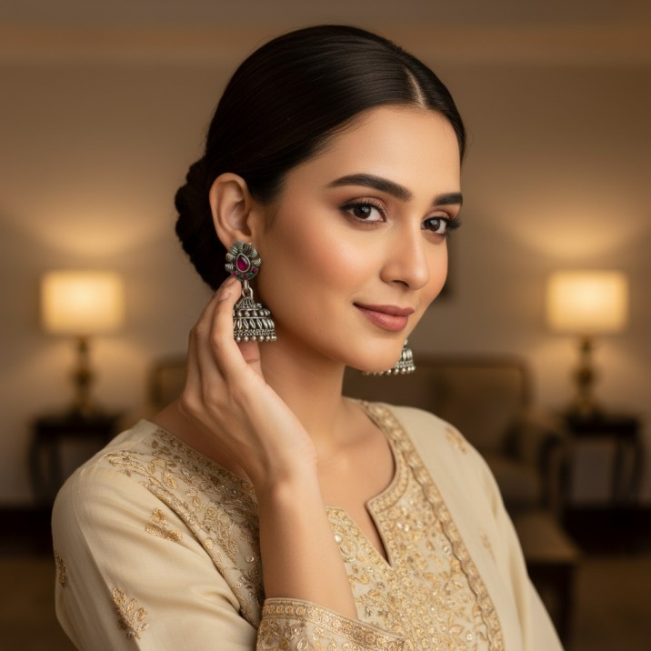 Pink and Green Stone Studded Oxidized Silver Jhumka Earrings